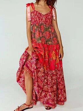 Free People Bluebell Magenta Floral Ribbon Tie Smocked Tiered Boho Maxi Dress